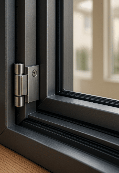 Détail de charnière d'une fenêtre aluminium fabriquée en France