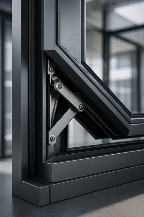 Détail de ferrure haut de gamme sur fenêtre aluminium