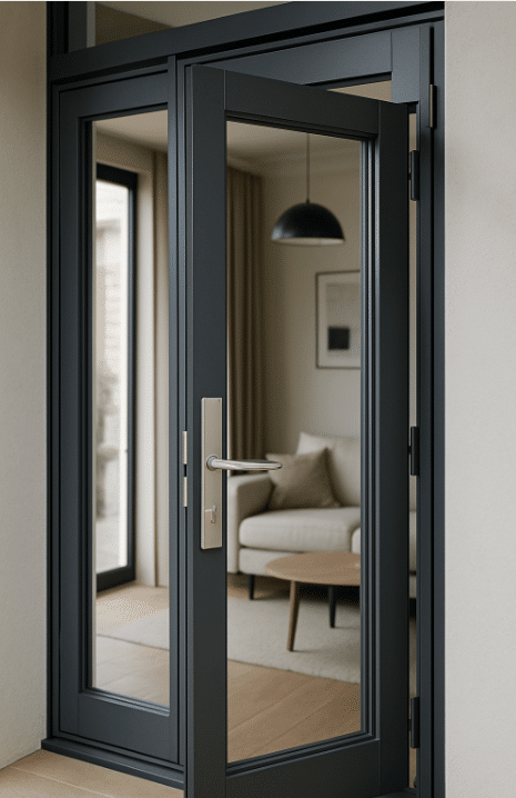 Porte-fenêtre aluminium ouverte sur salon