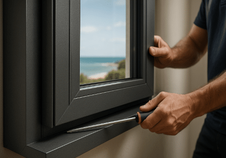 Artisan posant une fenêtre aluminium avec vue sur mer à Royan